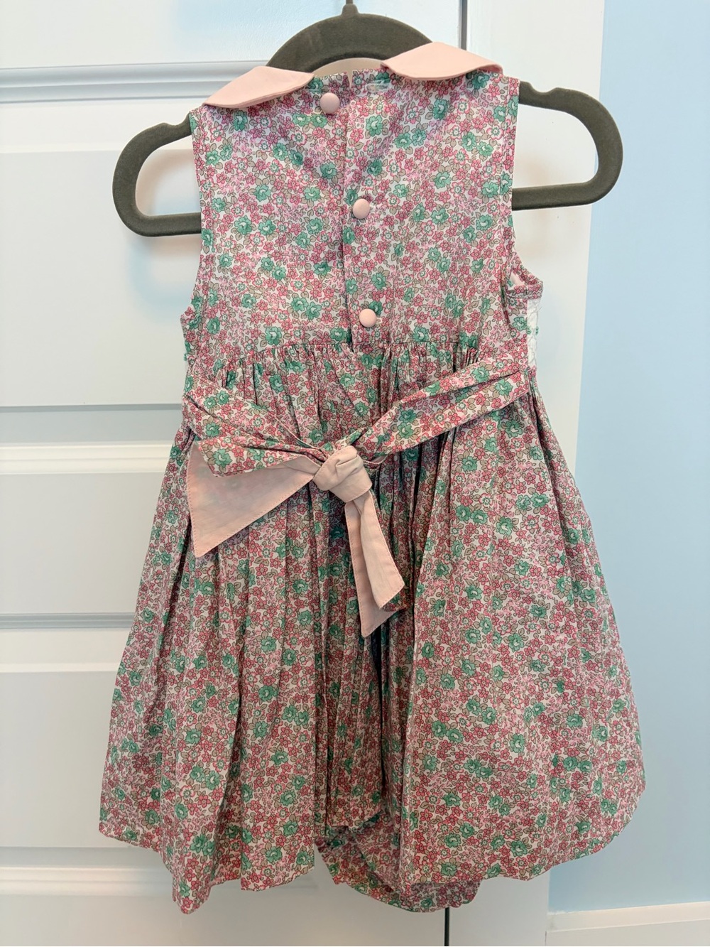 Pink Floral Smocked Kids Dress with Peter Pan Collar - Picture 4 of 4
